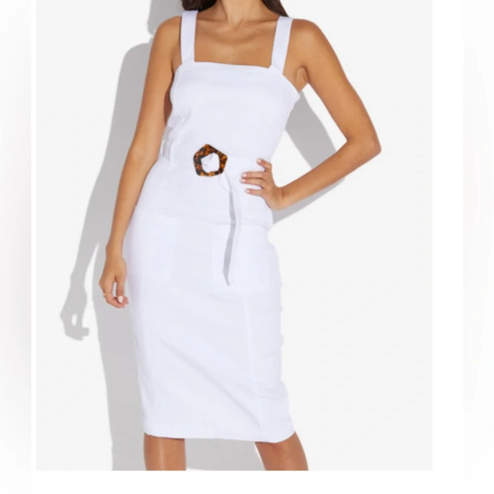 White Midi Denim Dress with Tortoise Accent by Shoe Dazzle EUC - Picture 1 of 12